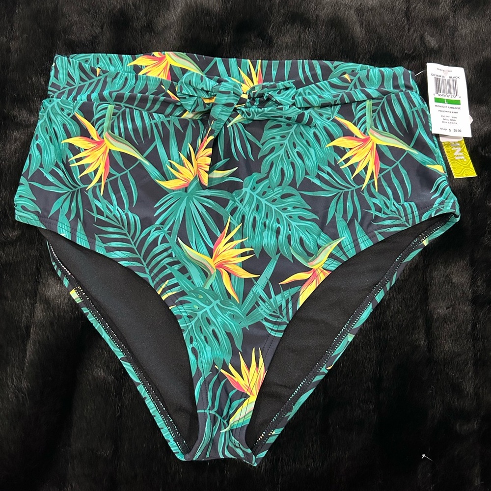 NWT Gianni Bini Tropical Print Bikini Bottom. Size large. Black/green pattern.